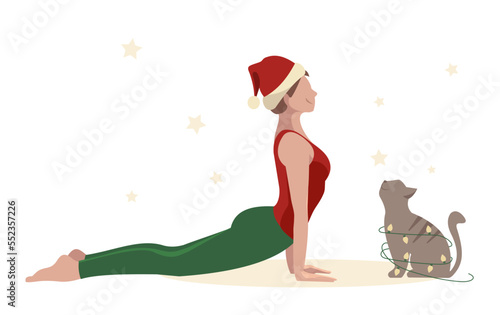 Christmas yoga relax. Flat vector concept illustration - cute woman and dog doing yoga exercises in Santa Claus disguise.	