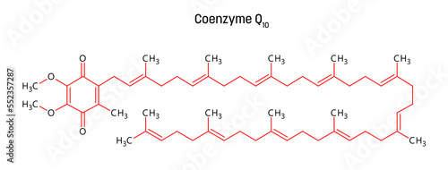 Coenzyme Q10 molecular structure. Coenzyme Q10, ubiquinone or CoQ10, is a organic vitamin-like compound important for cardiovascular, brain and dental health, fertility, physical perfromance. Vector