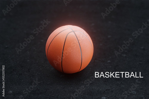 orange basketball on black background, asphalt court, blurred background, 3d rendering © Martin