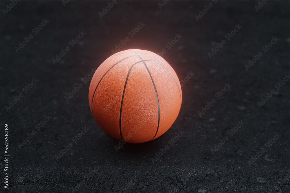 orange basketball on black background, asphalt court, blurred background, 3d rendering