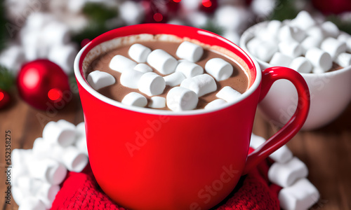   Hot chocolate with marshmallows and chocolate cookies during Christmas  