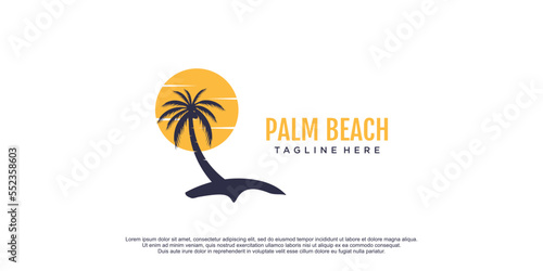 Palm beach logo with sunset element design vector icon illustration