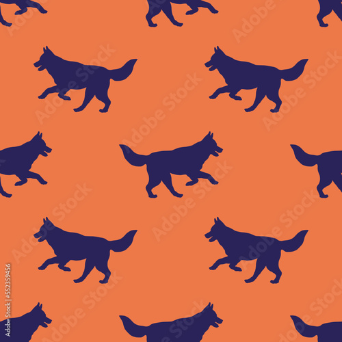 Running and jumping siberian husky puppy. Seamless pattern. Dog silhouette. Endless texture. Design for wallpaper, fabric, template, surface design. Vector illustration.