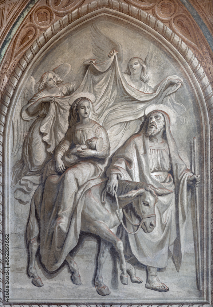 BIELLA, ITALY - JULY 15, 2022: The fresco of Flight to Egypt in Cathedral (Duomo) by Giovannino Galliari (1784).