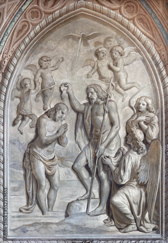 BIELLA, ITALY - JULY 15, 2022: The fresco of Baptism of Jesus in Cathedral (Duomo) by Giovannino Galliari (1784).