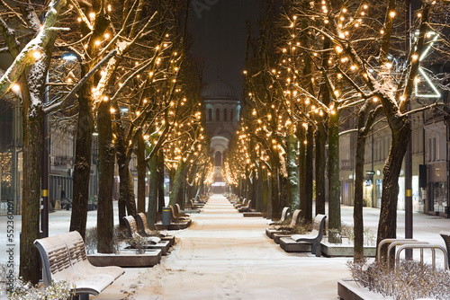 Kaunas amazing Christmas decorations and lighting. Liberty Avenue, the city decorated in winter, Sobor. Linden Avenue, a wintry morning. Wonderful city decoration.