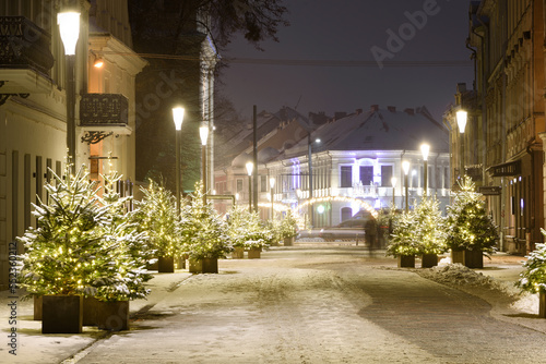 Fototapeta Naklejka Na Ścianę i Meble -  Amazing Kaunas Christmas tree, uniquely decorated Town Hall Square, Mikalojus Konstantinas Čiurlionis.