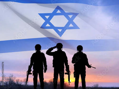 Silhouette of soldier with Israel flag against the sunrise. Concept - armed forces of Israel. EPS10 vector