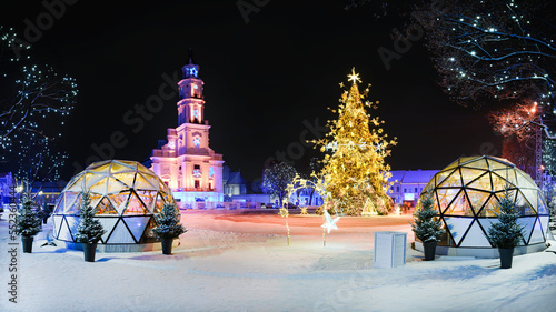 Amazing Kaunas Christmas tree, uniquely decorated Town Hall Square, Mikalojus Konstantinas Čiurlionis. photo