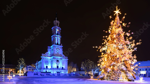 Amazing Kaunas Christmas tree, uniquely decorated Town Hall Square, Mikalojus Konstantinas Čiurlionis. photo