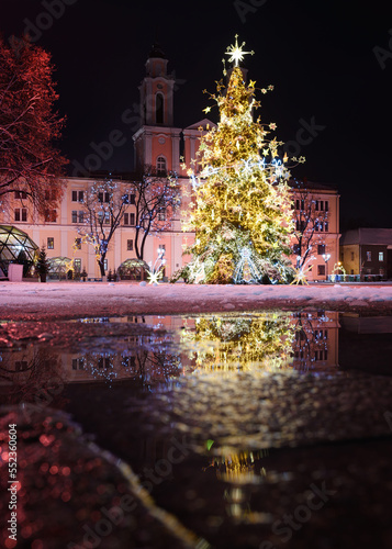 Amazing Kaunas Christmas tree, uniquely decorated Town Hall Square, Mikalojus Konstantinas Čiurlionis. photo