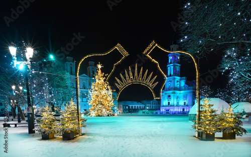 Amazing Kaunas Christmas tree, uniquely decorated Town Hall Square, Mikalojus Konstantinas Čiurlionis. photo