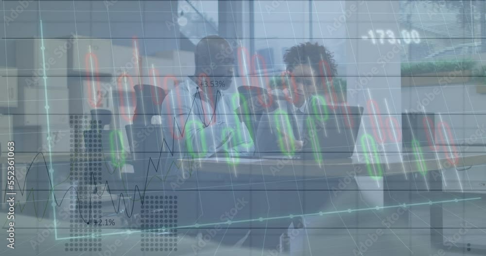Animation of data processing over african american businessman and businesswoman discussing Animation of data processing over african american businessman and businesswoman discussing