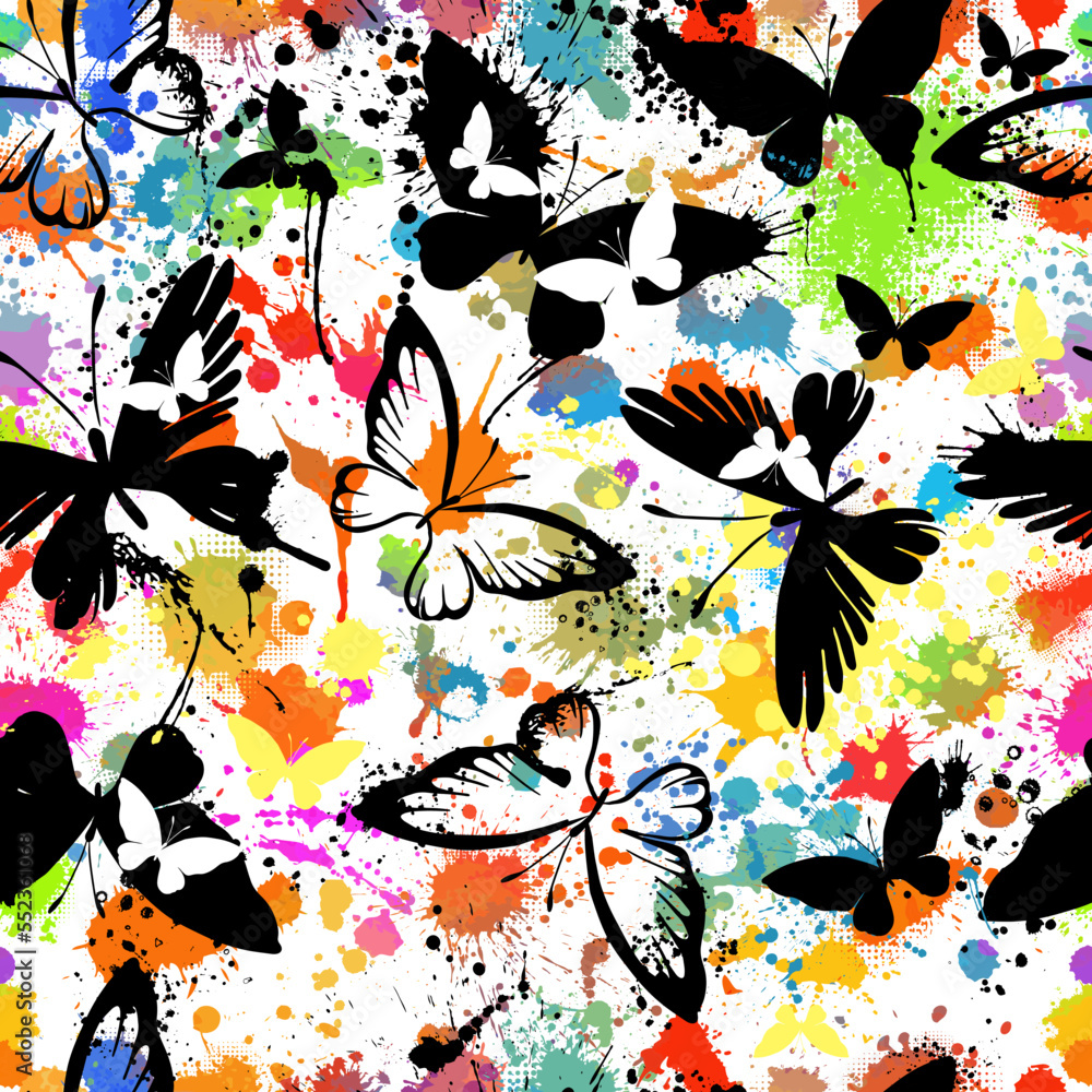 Fototapeta premium Seamless pattern of blots and butterflies. Vector illustration