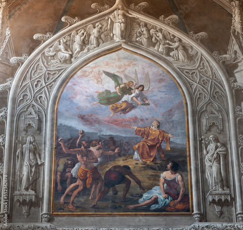 BIELLA, ITALY - JULY 15, 2022: The fresco of Stoning of St. Stephen in Cathedral (Duomo) by Giovannino Galliari (1784).