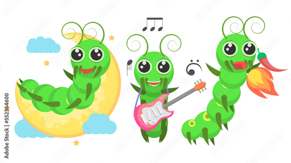 Obraz premium Set Abstract Collection Flat Cartoon Different Animal Caterpillars Plays The Guitar, Ate Pepper And Breathes Fire, Lies On The Moon Around The Clouds Vector Design Style Elements Fauna Wildlife