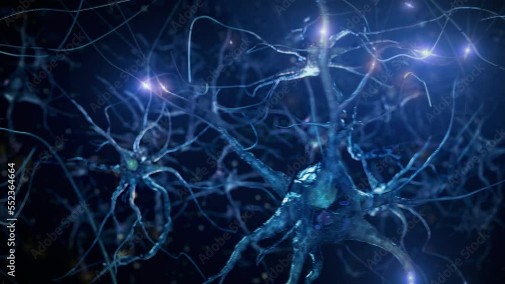 3D Animation of Neurons firing electrical impulses. Nerve Cell Activity in the Brain, Neurogenesis, Neurotransmitters, Synapse. Nervous System.
3D Animation of Neurons firing electrical impulses. Nerve Cell Activity in the Brain, Neurogenesis, Neurotransmitters, Synapse. Nervous System.