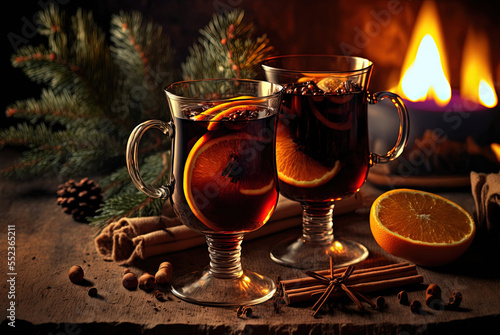 Two glasses of mulled wine on the table. Traditional Christmas drink with cinnamon and orange. Generative AI
