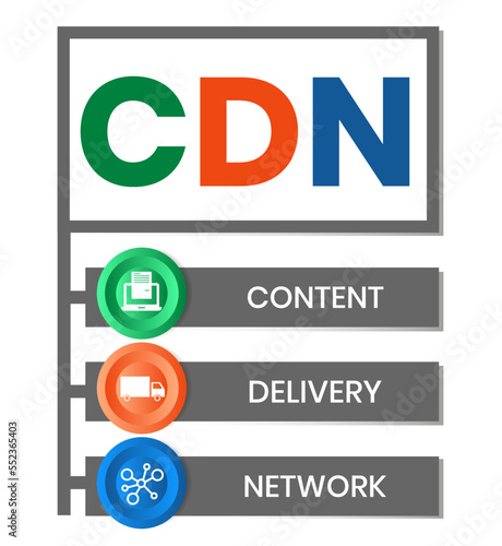 CDN - Content Delivery Network acronym, business concept. word lettering typography design illustration with line icons