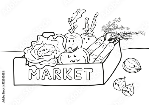 Coloring for children to print A4 horizontal. Back from the market. I like the funny k-wai style vegetable getils. Primeur seasonal vegetables organic basket photo