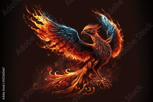 Illustration of a phoenix in fire. Symbol of rebirth. Fenix with burning wings and feathers. Firebird on black background. Generative AI photo