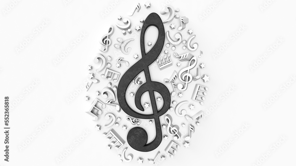 white background with black musical clef surrounded by musical notes. 3d render illustration. white background with black musical clef surrounded by musical notes. 3d render illustration.