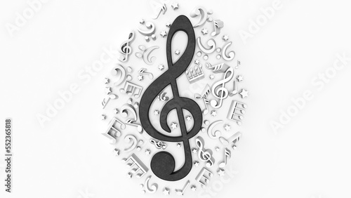 white background with black musical clef surrounded by musical notes. 3d render illustration.