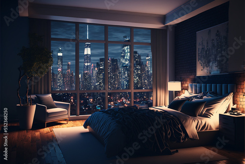 Generative AI illustration of luxury penthouse bedroom at night photo