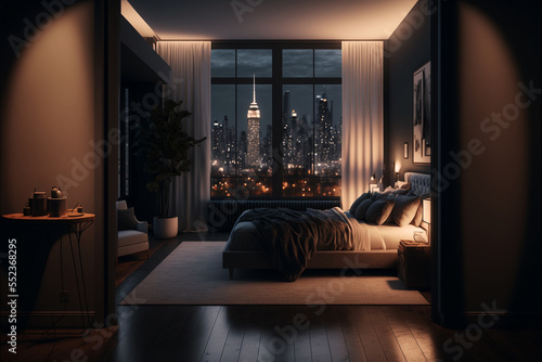 Generative AI illustration of luxury penthouse bedroom at night photo