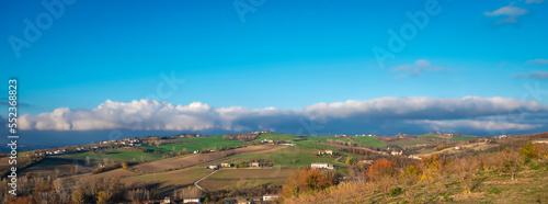 Winter panorama of the hilly area of Monferrato  taken from the viewpoint of the village of Treville  Piedmont  Northern Italy   is a famous winery area of Alessandria Province.