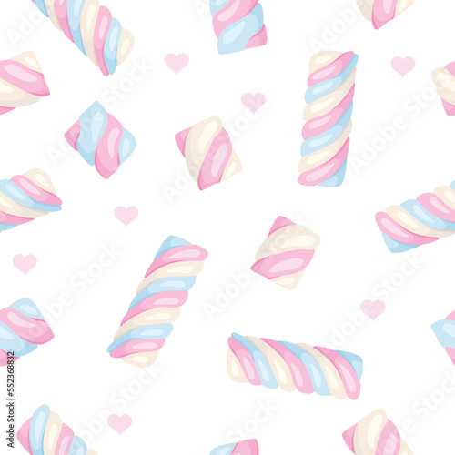 Marshmallow vector background. Seamless pattern with cartoon cute sweets and hearts on white.