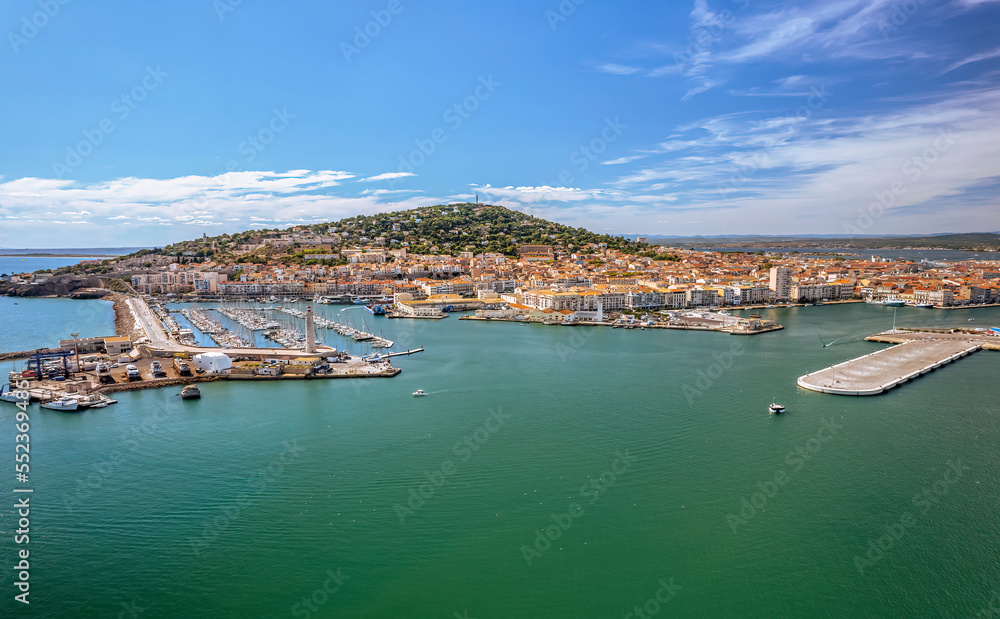 The drone aerial view of the old town center of Sete port in the South of France.