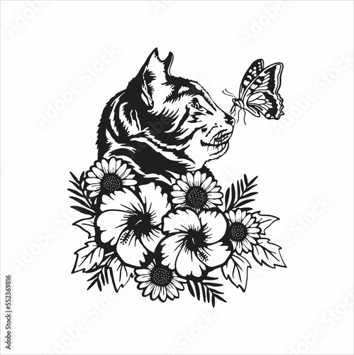 cat with flowers and a butterfly