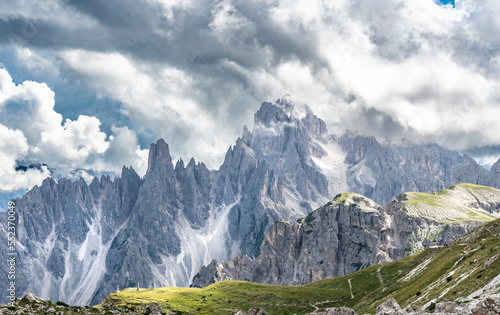 Famous Tre Cime di Lavaredo at summer time. Landscape of Alps Mountains. Dolomites, Alps, Italy, Europe (Drei Zinnen)