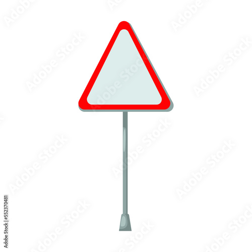 Blank white triangle red stroke road sign on metal pole vector illustration. Billboards, street or highway sign isolated on white background. Traffic, direction or destination