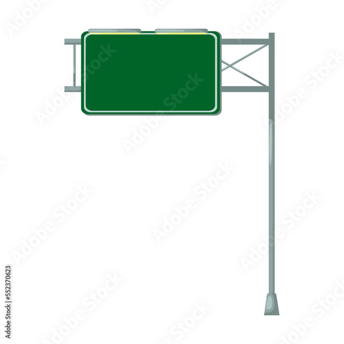 Blank road sign on metal pole vector illustration. Green billboard, street or highway sign isolated on white background. Traffic, direction or destination concept