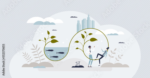 ESG or social governance investing for nature balance tiny person concept. Ecological business approach with sustainable and ecological principles vector illustration. Cooperate eco responsibility.