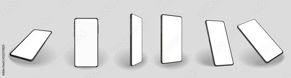 Smartphone mockup with blank screen. Cellphone frame. Realistic phone different angles views. Template for infographics or presentation Smartphone mockup with blank screen. Cellphone frame. Realistic phone different angles views. Template for infographics or presentation