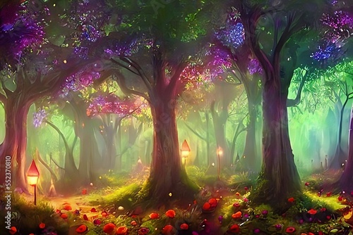 Illustration of a fairytale forest. Mysterious fantasy charm place photo