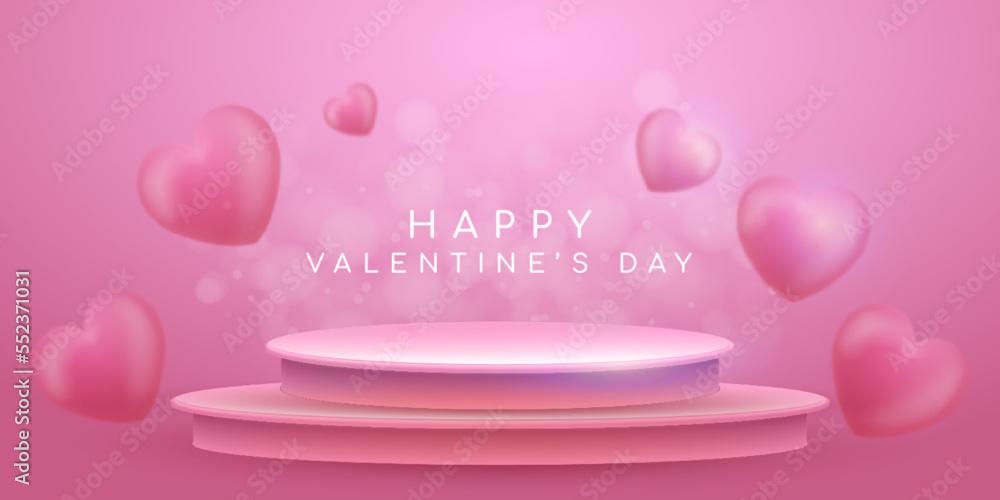 Realistic banner valentine's day sale with podium for product space