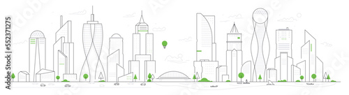 Bridge divides city - thin line design style vector illustration