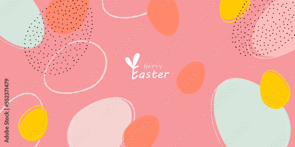 Happy Easter banner. Trendy Easter design with typography, hand drawn strokes and dots, eggs, pastel colors. Modern minimalistic style. Horizontal poster, postcard, header for website