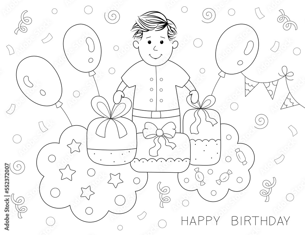 cute little boy happy birthday coloring page Stock Illustration | Adobe