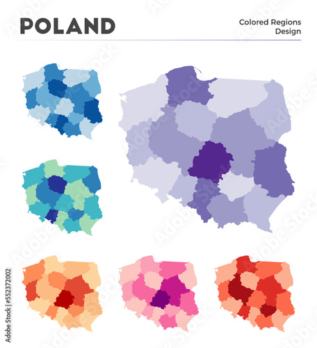 Poland map collection. Borders of Poland for your infographic. Colored country regions. Vector illustration.