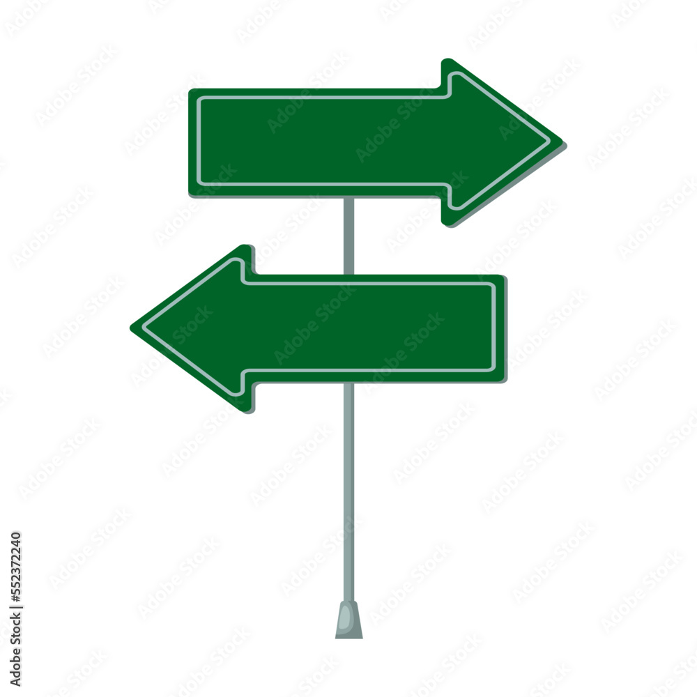 Blank road sign on metal pole vector illustration. Green arrow boards isolated on white background. Traffic, direction or destination concept Blank road sign on metal pole vector illustration. Green arrow boards isolated on white background. Traffic, direction or destination concept