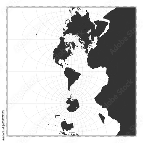 Vector world map in Transverse Mercator projection, centered at 60 degrees East longitude. Features latitude and longitude lines for geographical reference.