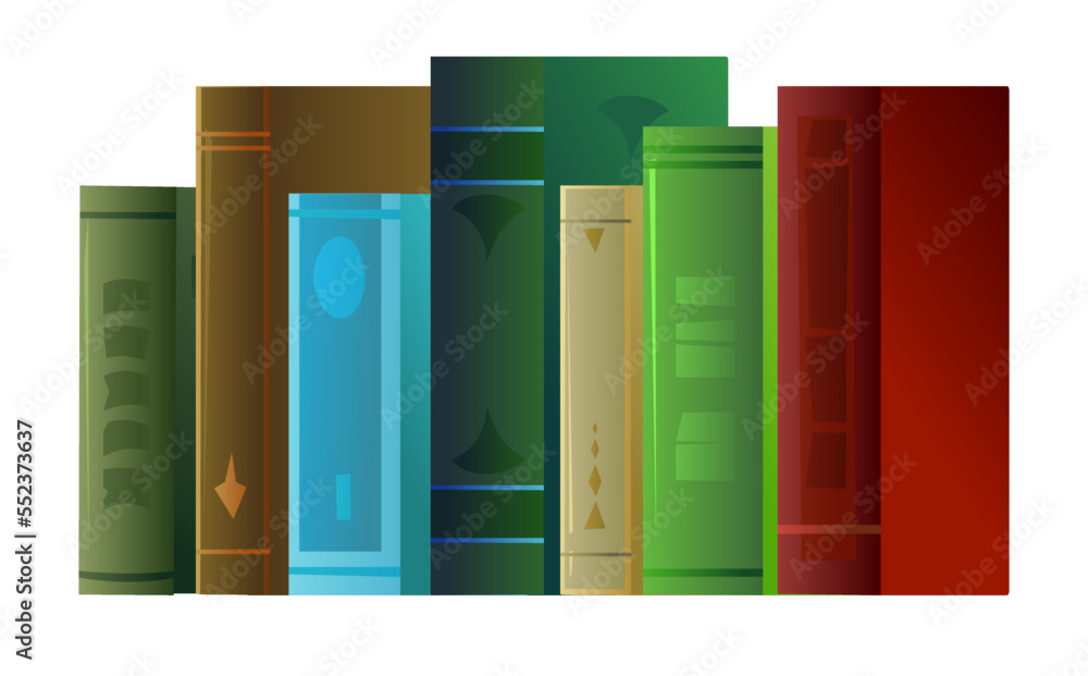 Books. Great collection for reading. Side view. Library or bookstore. Isolated on white background. Vector. Books. Great collection for reading. Side view. Library or bookstore. Isolated on white background. Vector.