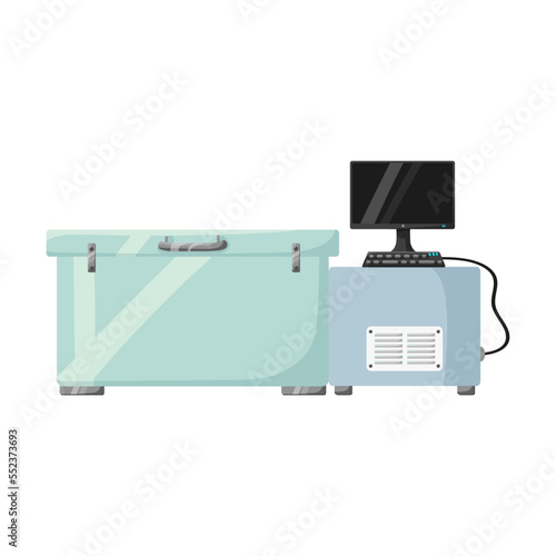 Futuristic cryogenic equipment vector illustration. Cryo capsule with connected measurement control equipment, medical equipment with cryogenic on white background
