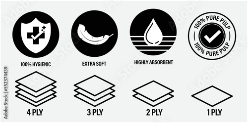 vector icon set; 100% hygienic, extra soft, highly absorbent, 100% pure pulp, 1, 2, 3 and 4 ply etc. photo