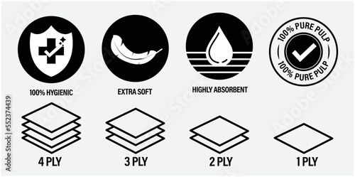 vector icon set; 100% hygienic, extra soft, highly absorbent, 100% pure pulp, 1, 2, 3 and 4 ply etc.